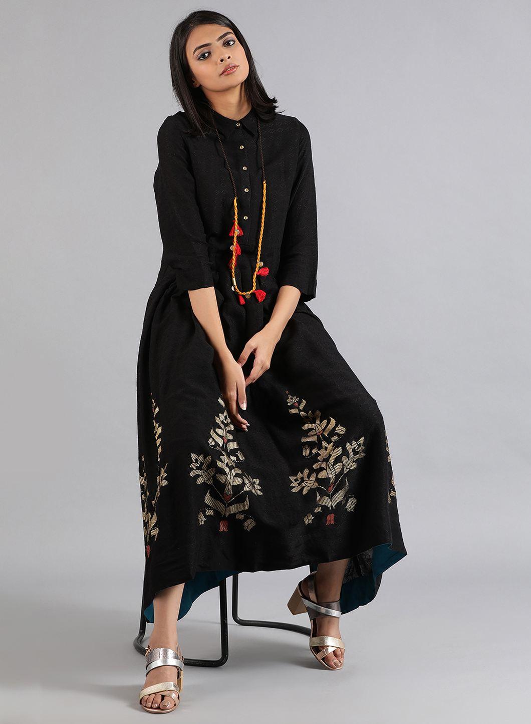 Black Mandarin Neck Foil Print kurta - wforwoman