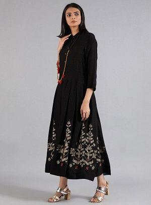 Black Mandarin Neck Foil Print kurta - wforwoman