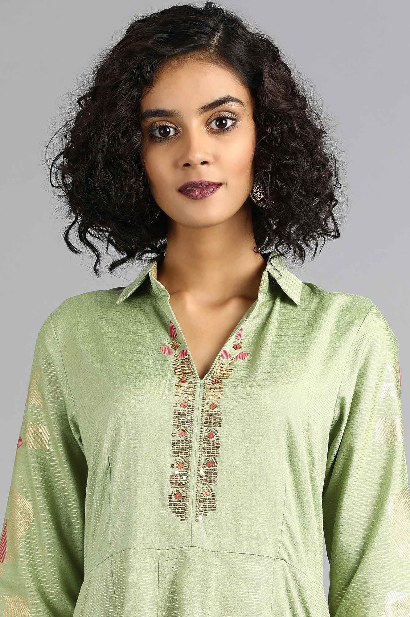 Green Shirt Collar Printed kurta Dress