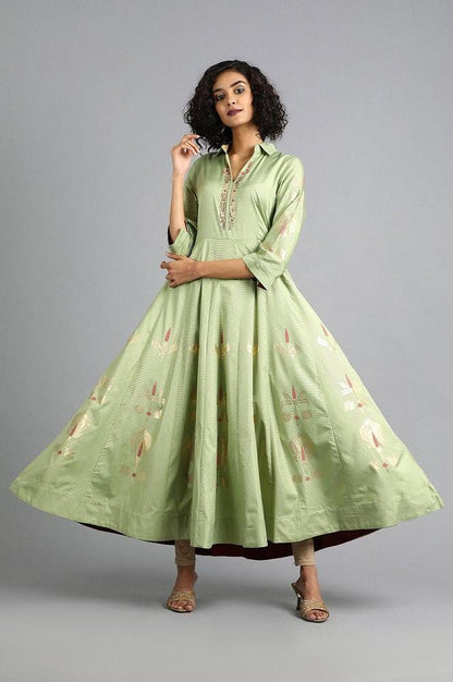 Green Shirt Collar Printed kurta Dress - wforwoman