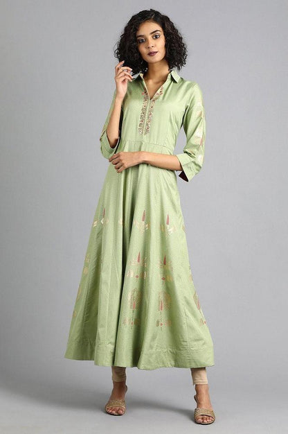 Green Shirt Collar Printed kurta Dress - wforwoman