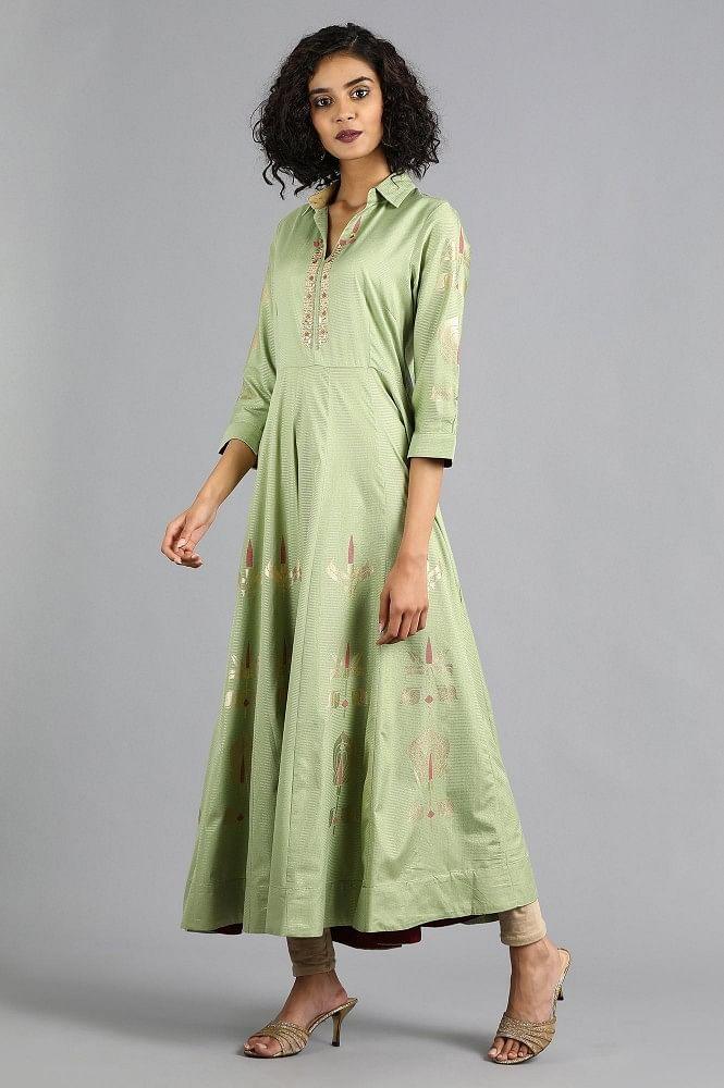 Green Shirt Collar Printed kurta Dress - wforwoman