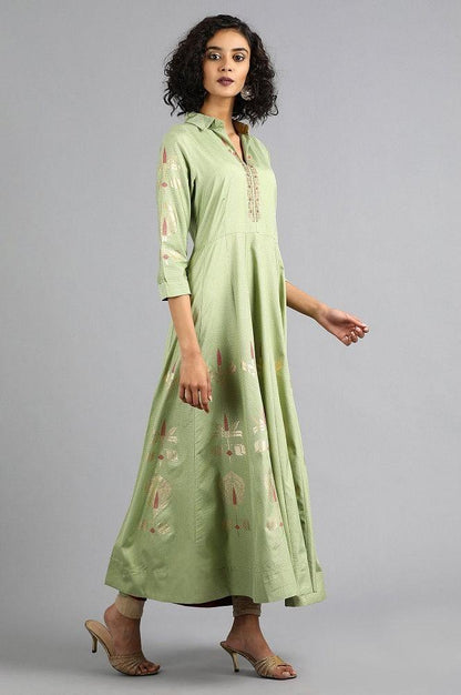 Green Shirt Collar Printed kurta Dress - wforwoman