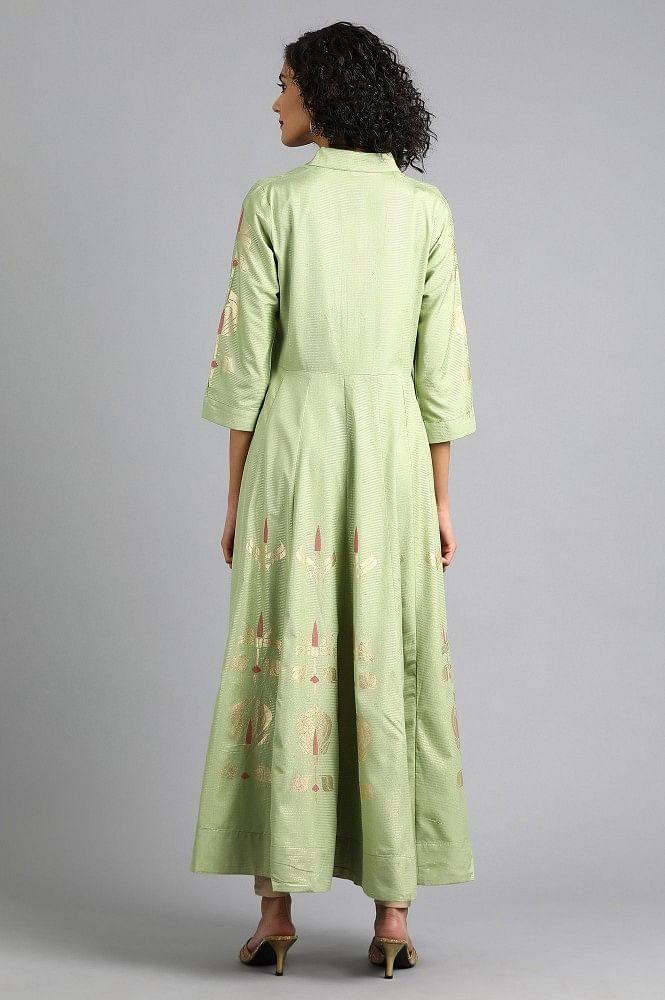 Green Shirt Collar Printed kurta Dress - wforwoman