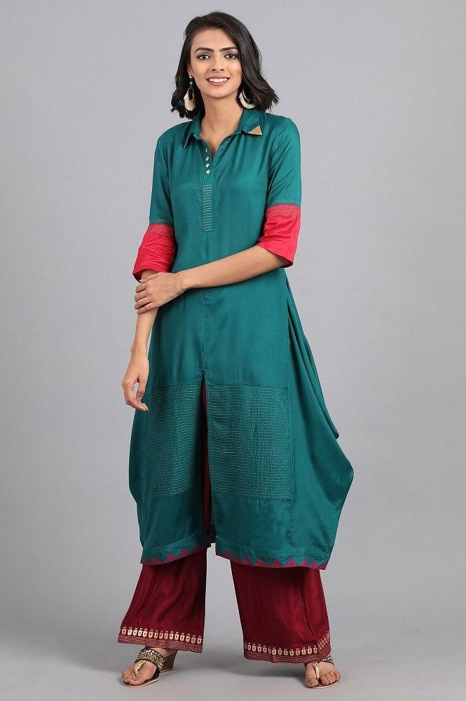 Blue &amp; Red Color-block Kaleido kurta - wforwoman