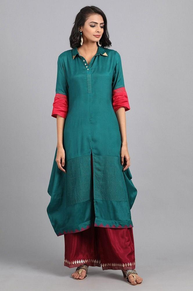 Blue &amp; Red Color-block Kaleido kurta - wforwoman