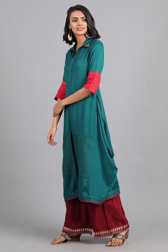 Blue &amp; Red Color-block Kaleido kurta - wforwoman