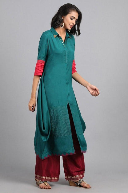 Blue &amp; Red Color-block Kaleido kurta - wforwoman