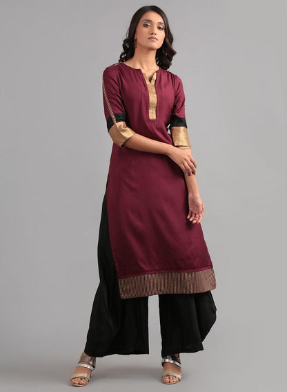 Wine Round Neck Solid kurta - wforwoman