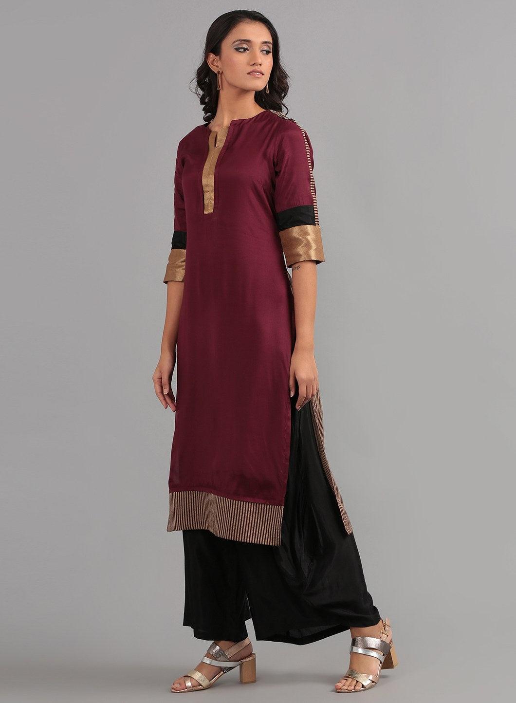 Wine Round Neck Solid kurta - wforwoman