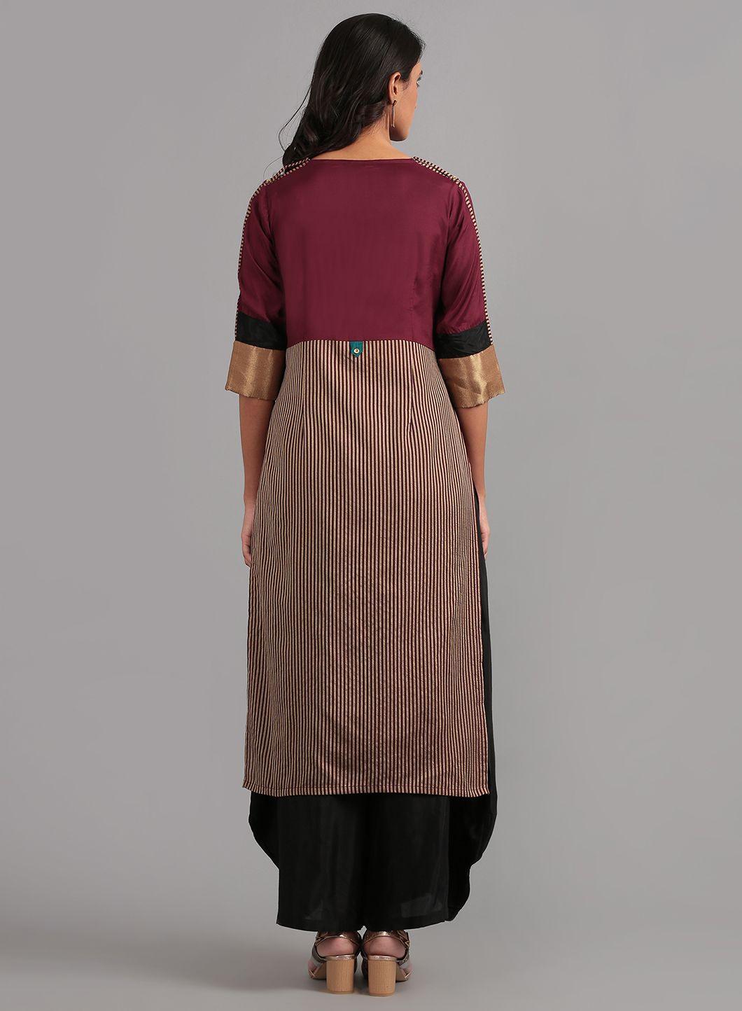 Wine Round Neck Solid kurta - wforwoman