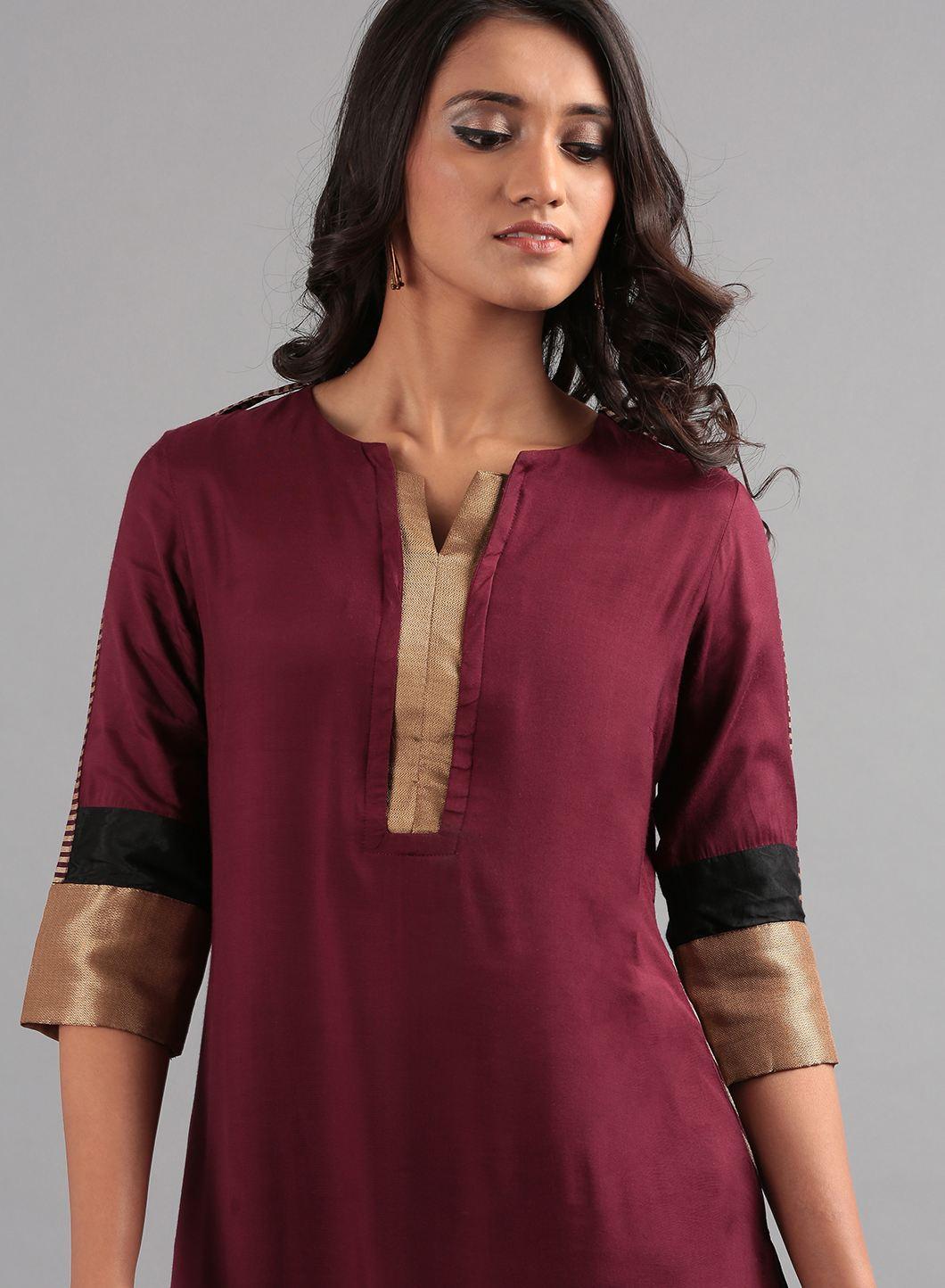 Wine Round Neck Solid kurta - wforwoman