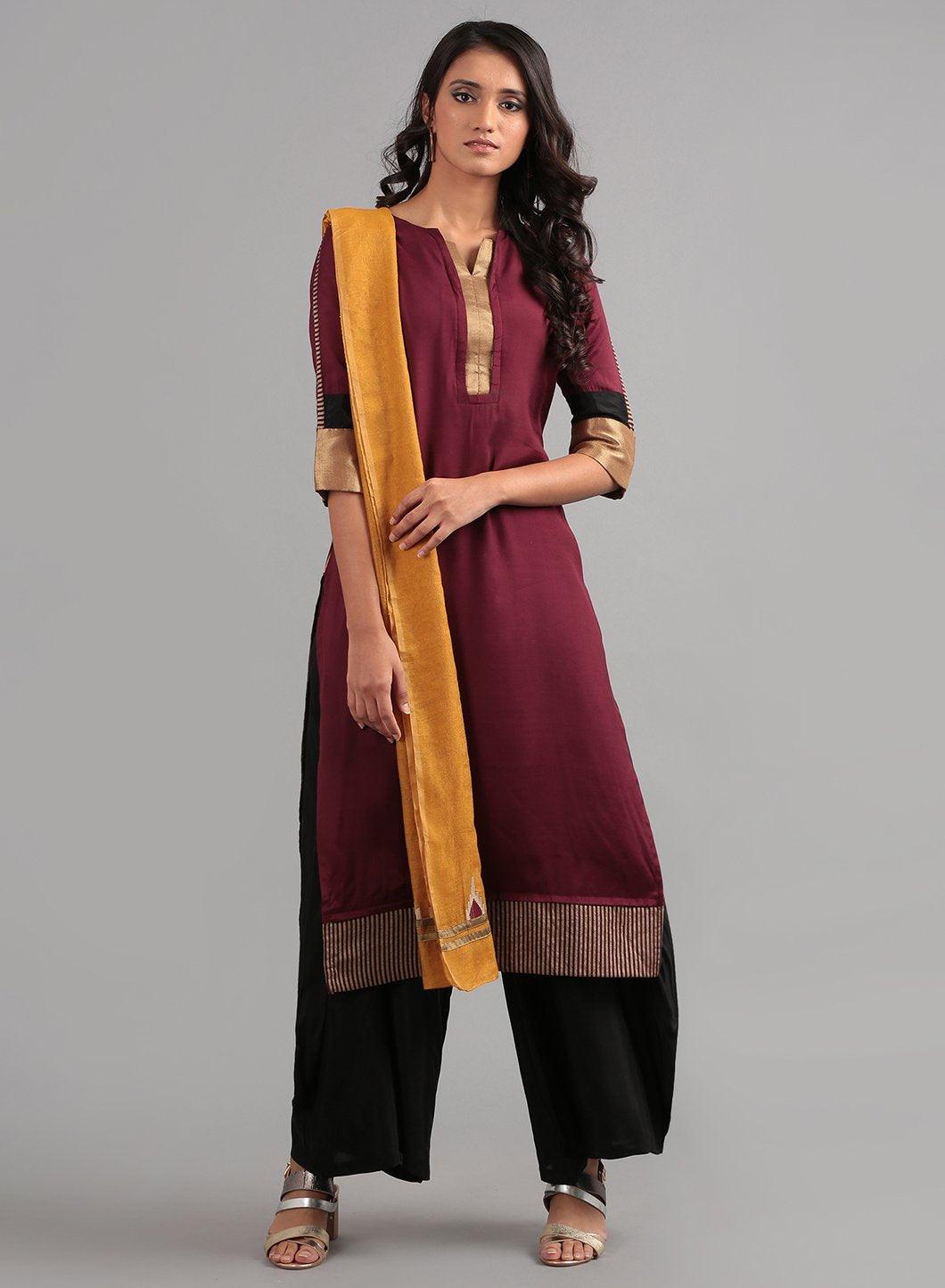 Wine Round Neck Solid kurta - wforwoman