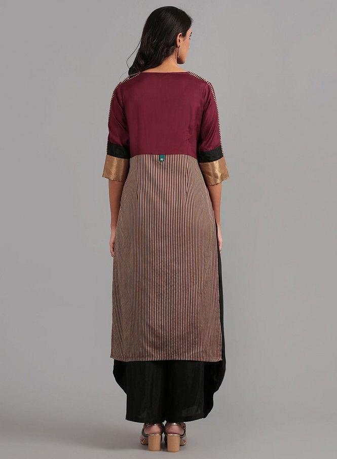 Wine Round Neck Solid kurta - wforwoman