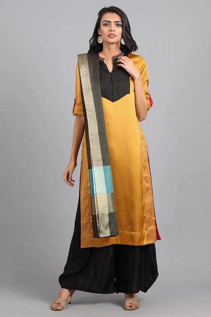 Mustard Round Neck Color-Block kurta - wforwoman