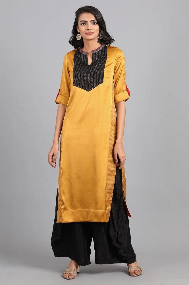 Mustard Round Neck Color-Block kurta - wforwoman