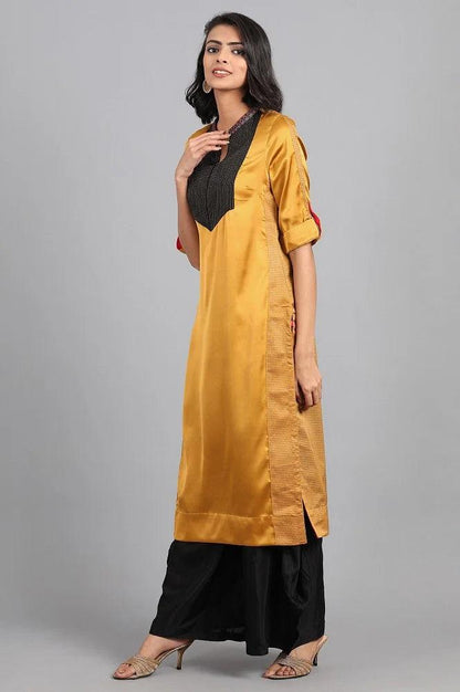 Mustard Round Neck Color-Block kurta - wforwoman