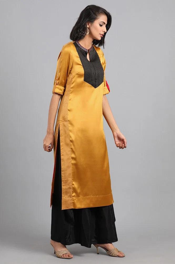 Mustard Round Neck Color-Block kurta - wforwoman