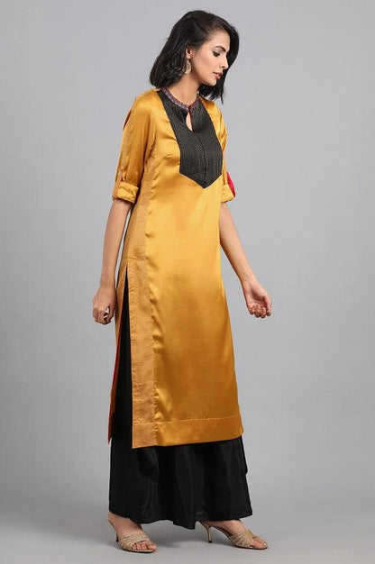 Mustard Round Neck Color-Block kurta - wforwoman