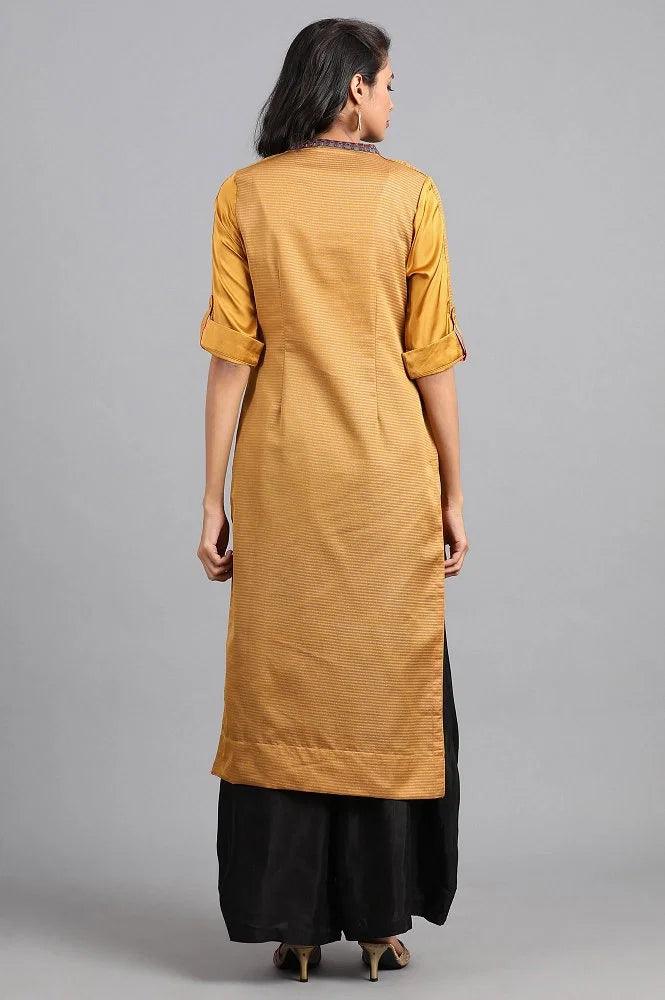 Mustard Round Neck Color-Block kurta - wforwoman