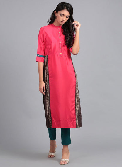 Pink Mandarin Neck French Crepe kurta - wforwoman