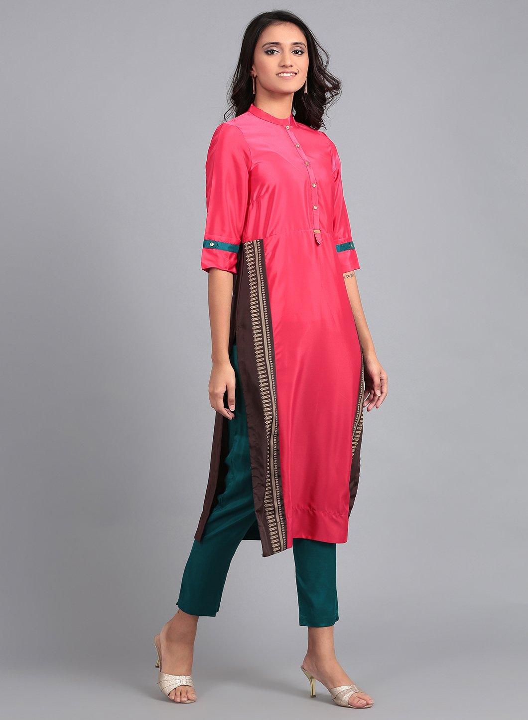 Pink Mandarin Neck French Crepe kurta - wforwoman