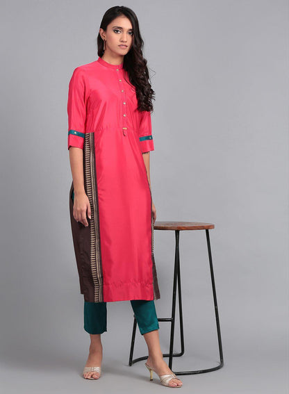 Pink Mandarin Neck French Crepe kurta - wforwoman