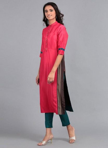 Pink Mandarin Neck French Crepe kurta - wforwoman