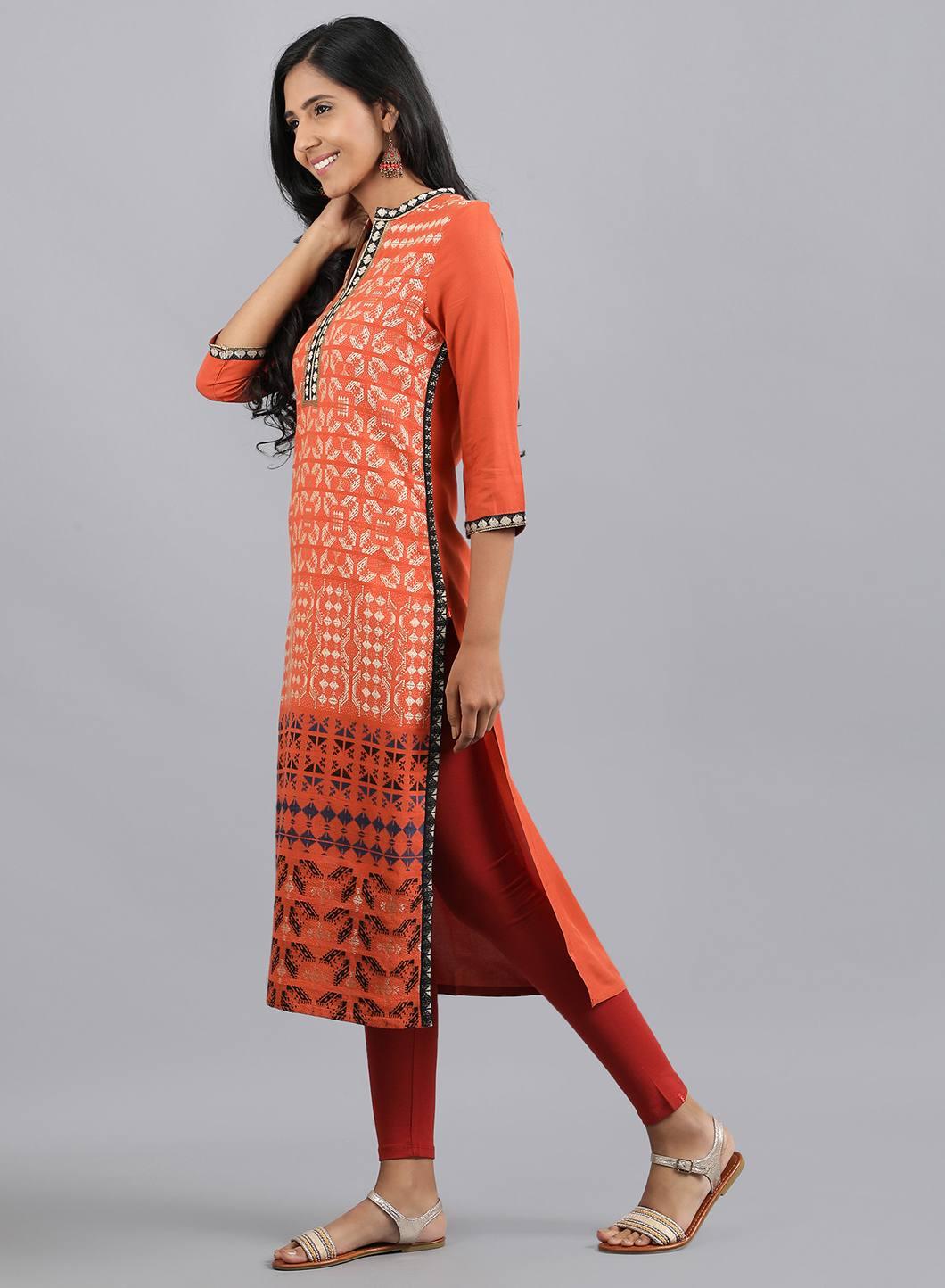 Orange Mandarin Neck Embellished kurta - wforwoman