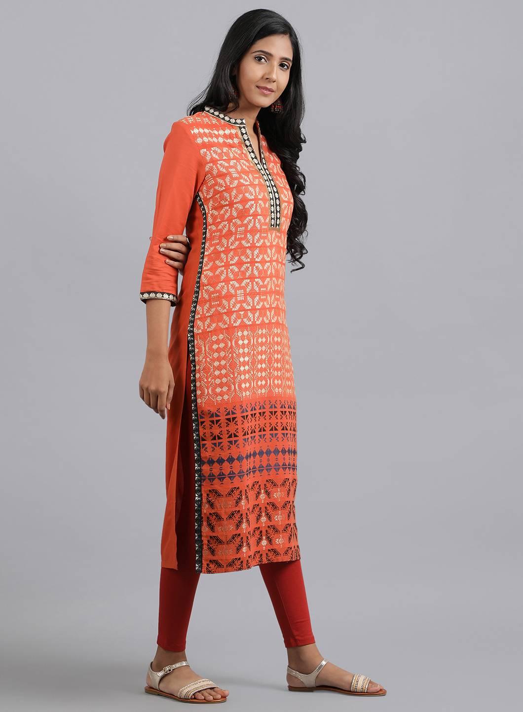 Orange Mandarin Neck Embellished kurta - wforwoman