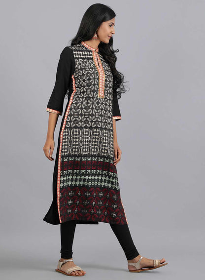 Black Mandarin Neck Embellished kurta - wforwoman