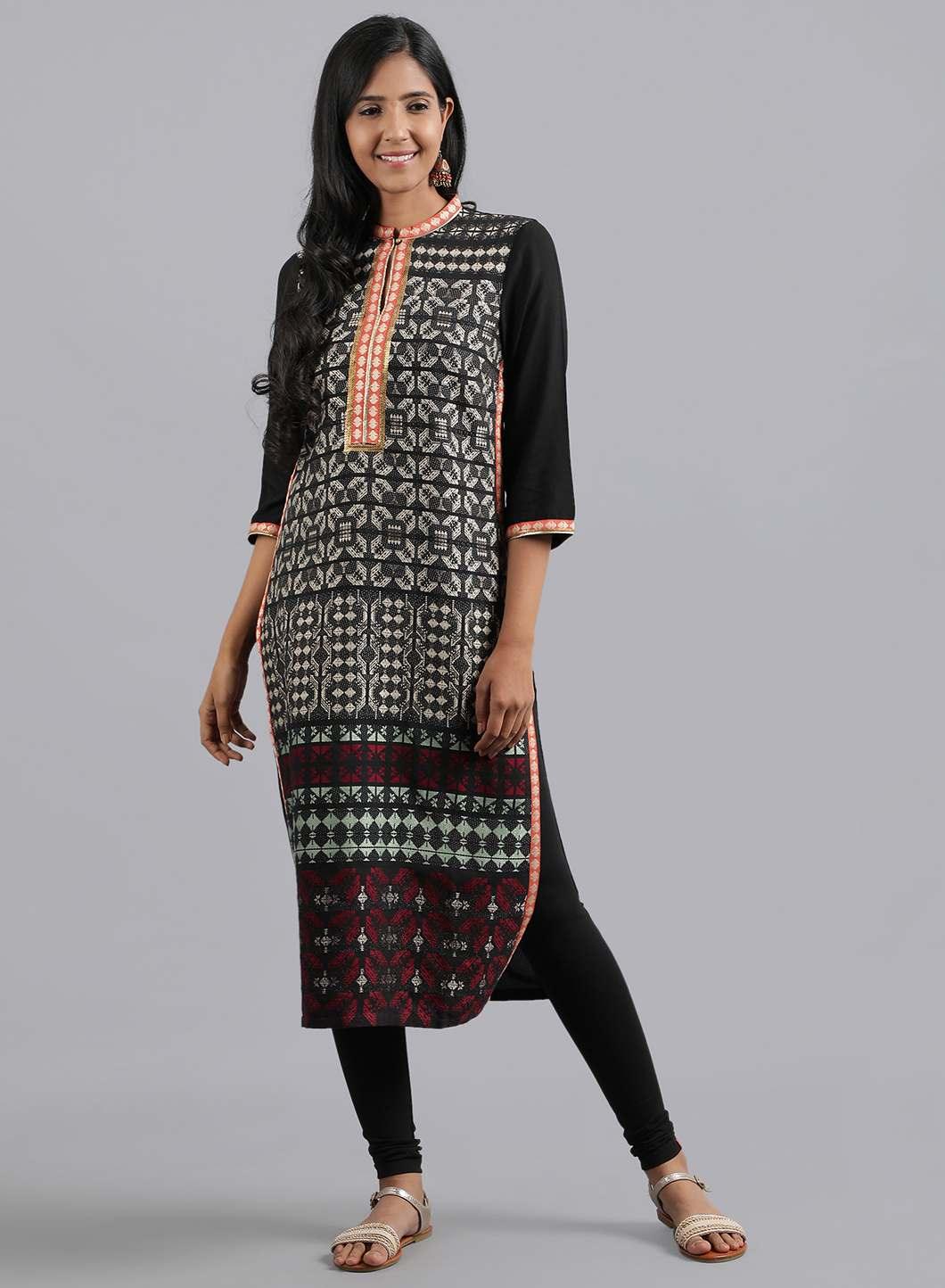 Black Mandarin Neck Embellished kurta - wforwoman