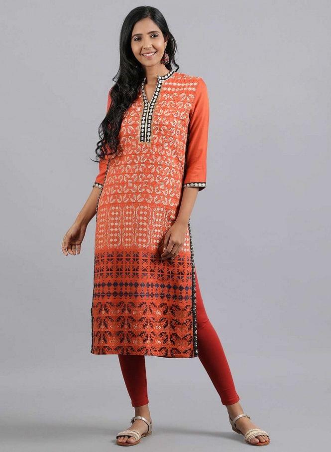 Orange Mandarin Neck Embellished kurta - wforwoman