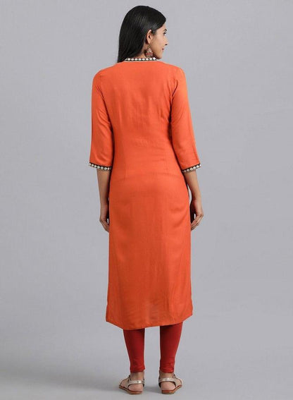 Orange Mandarin Neck Embellished kurta - wforwoman