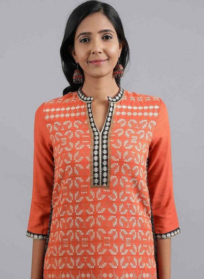 Orange Mandarin Neck Embellished kurta - wforwoman