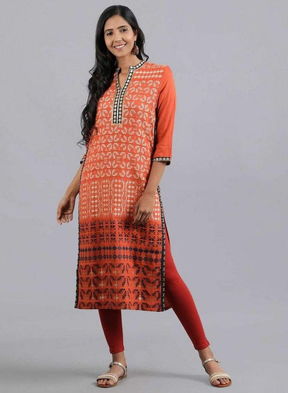 Orange Mandarin Neck Embellished kurta - wforwoman