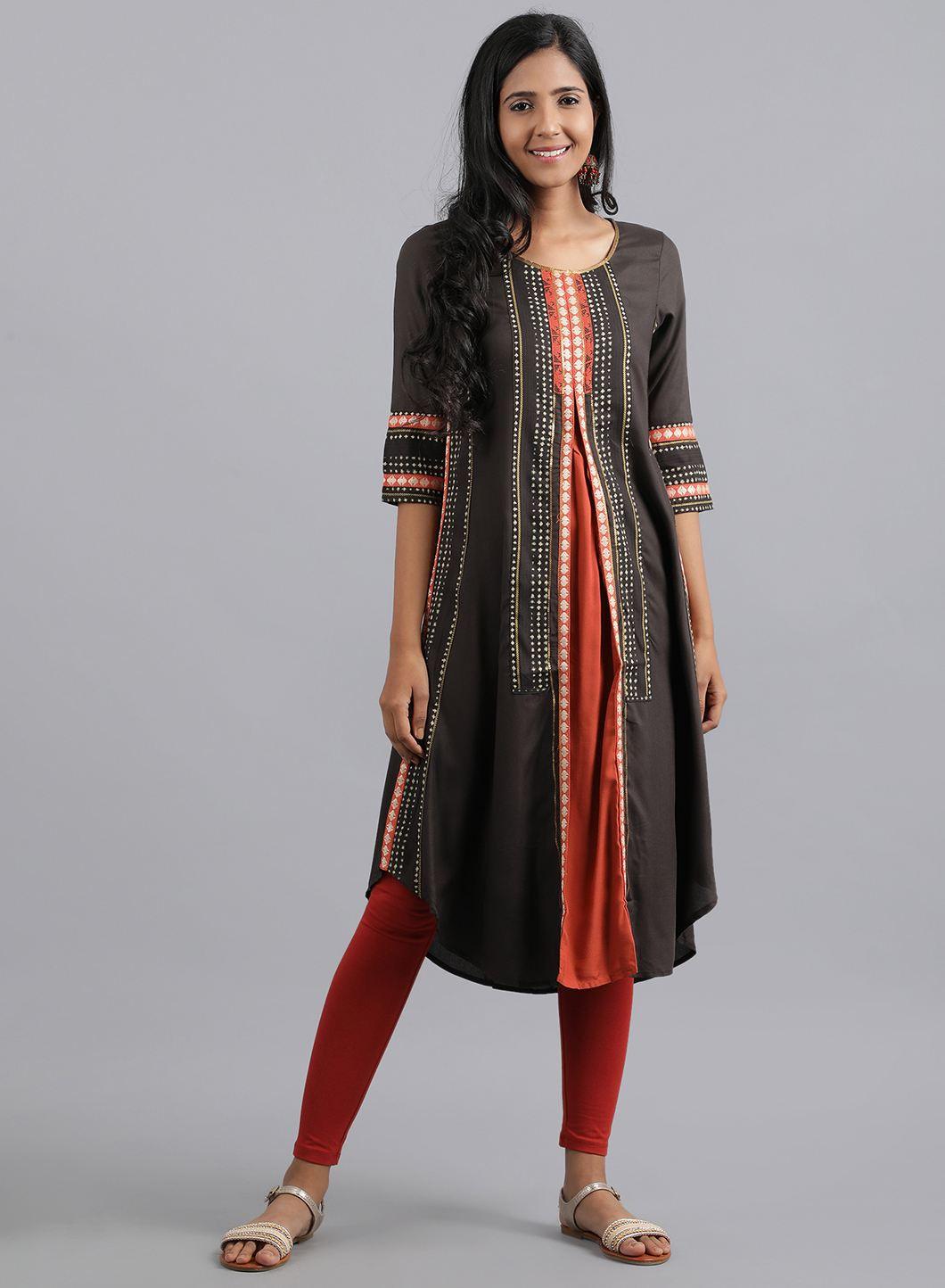 Brown Round Neck Dobby kurta - wforwoman