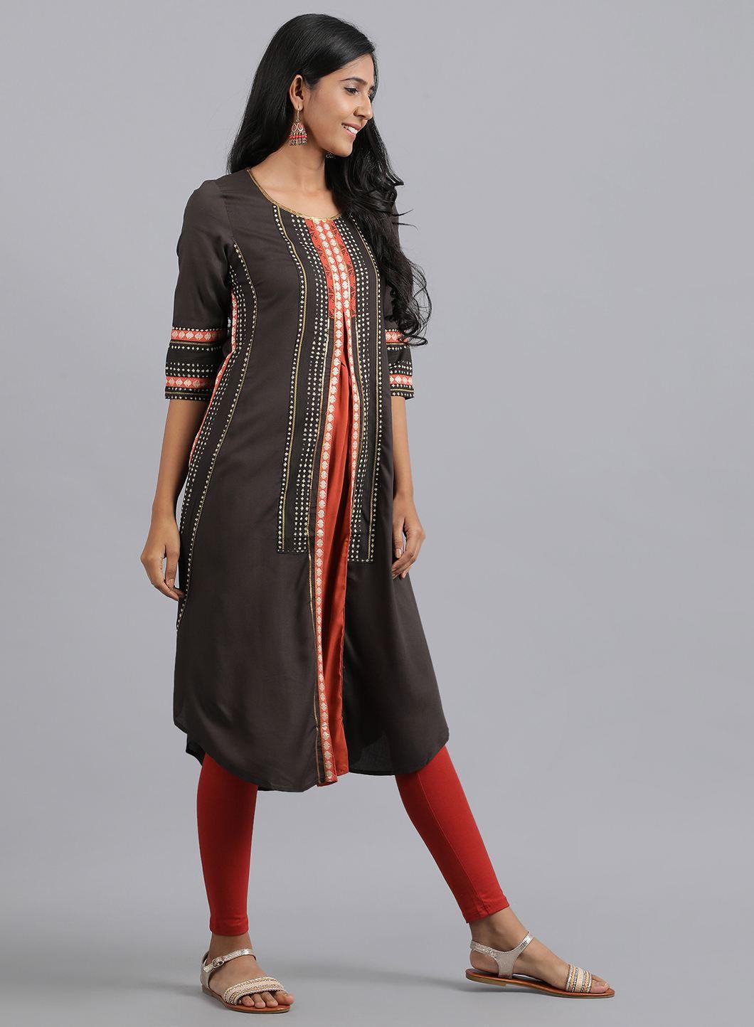 Brown Round Neck Dobby kurta - wforwoman