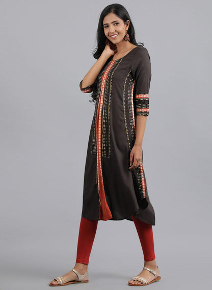 Brown Round Neck Dobby kurta - wforwoman