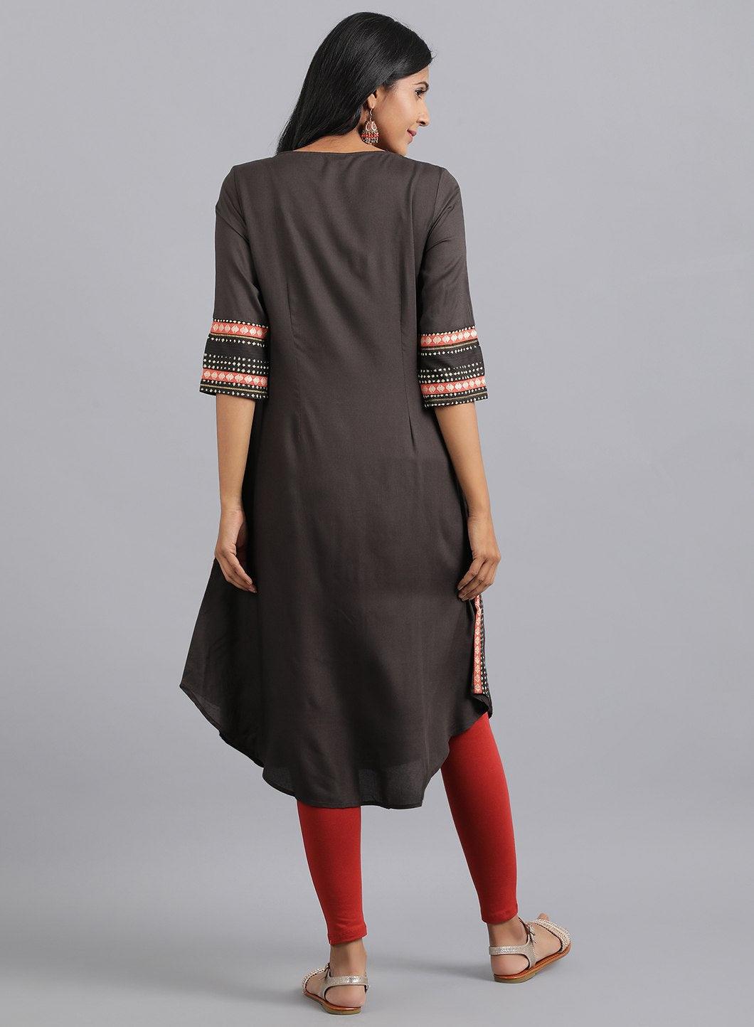 Brown Round Neck Dobby kurta - wforwoman