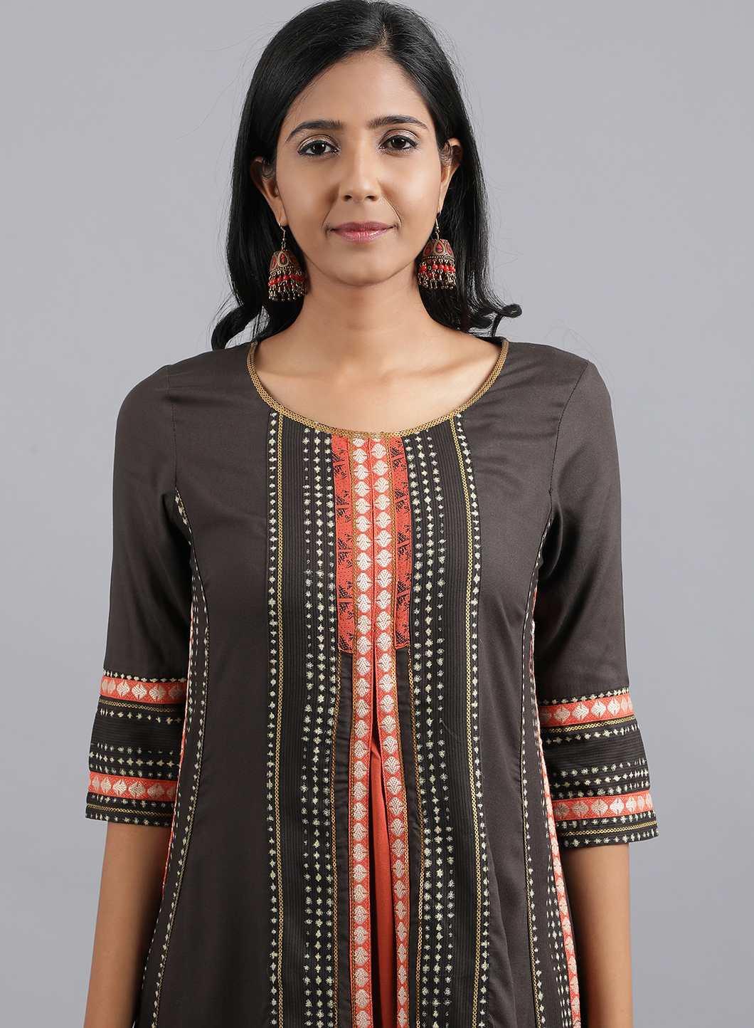 Brown Round Neck Dobby kurta - wforwoman