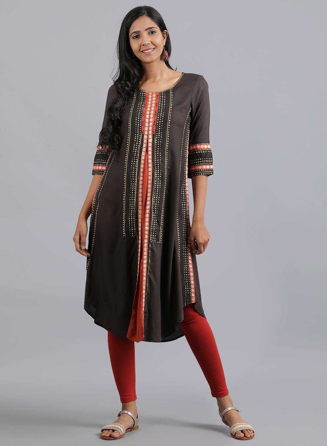 Brown Round Neck Dobby kurta - wforwoman