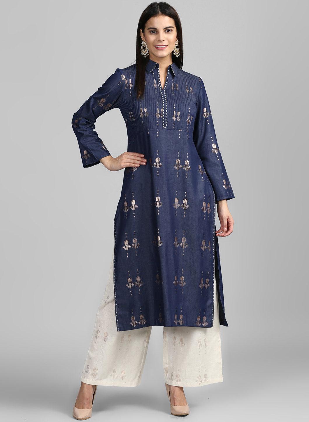 Blue Collar Neck Festive Denim kurta - wforwoman