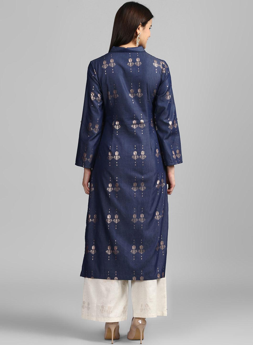 Blue Collar Neck Festive Denim kurta - wforwoman