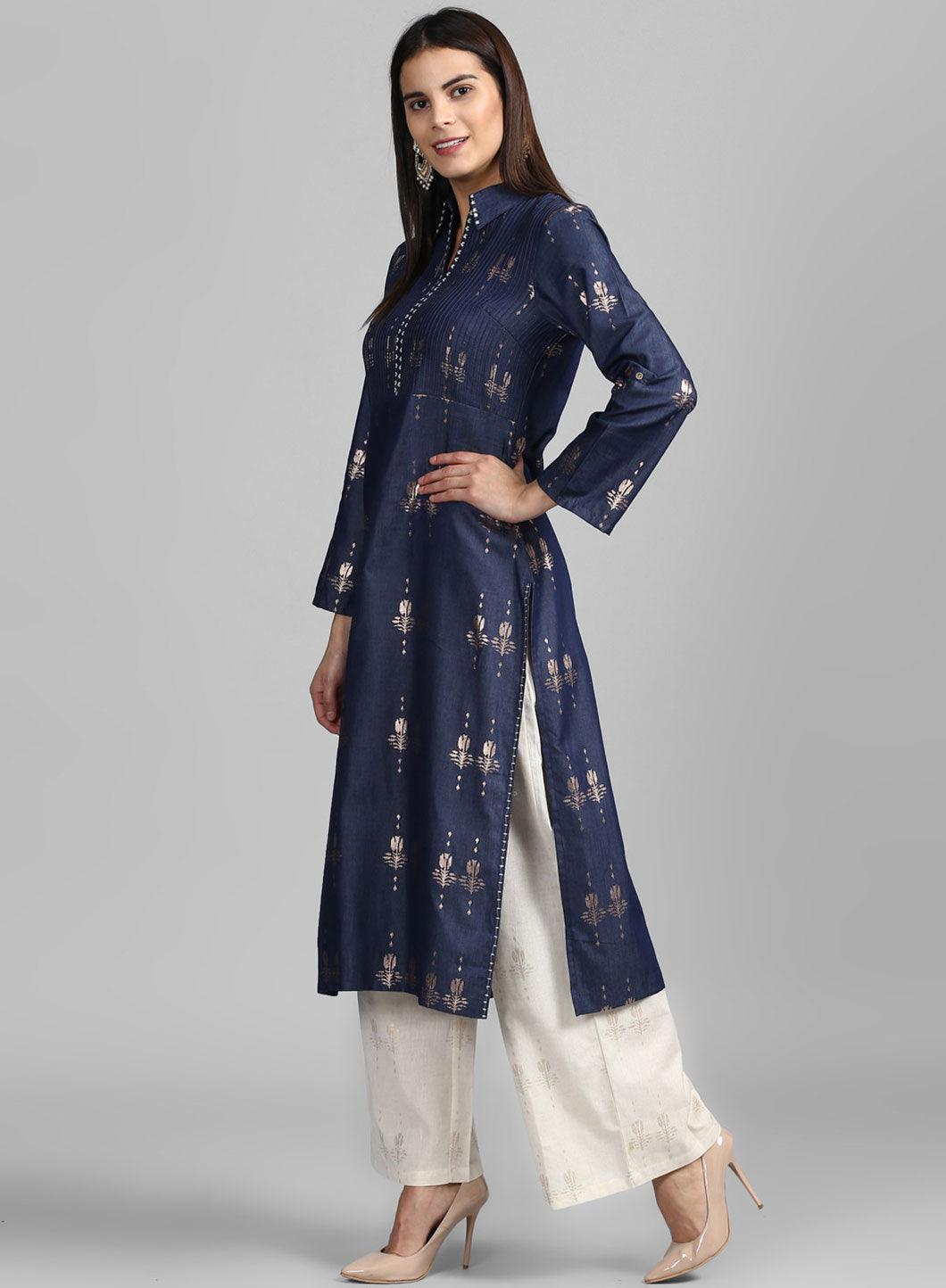 Blue Collar Neck Festive Denim kurta - wforwoman