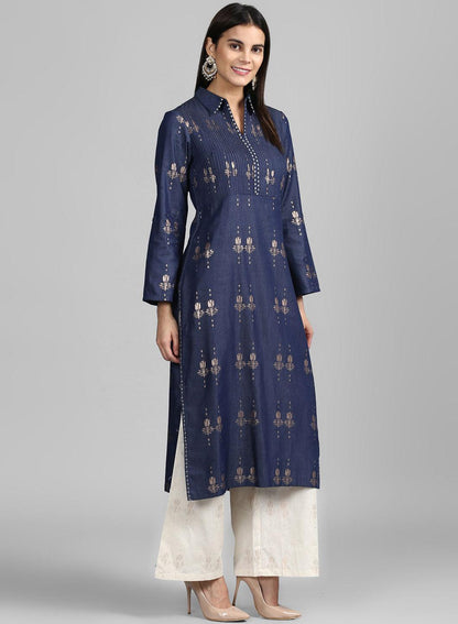 Blue Collar Neck Festive Denim kurta - wforwoman