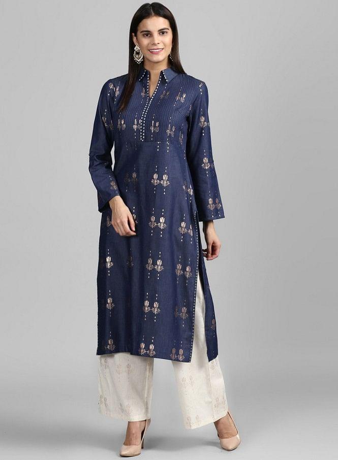 Blue Collar Neck Festive Denim kurta - wforwoman