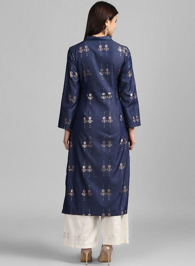 Blue Collar Neck Festive Denim kurta - wforwoman