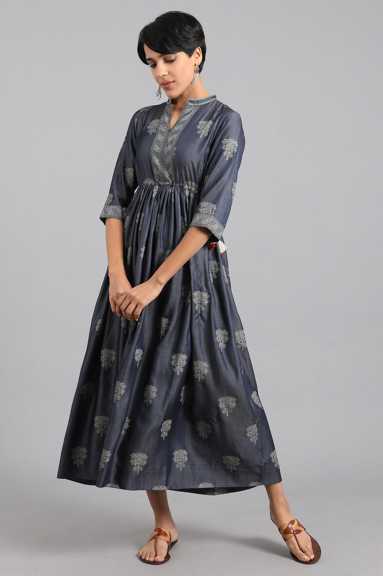 Blue Mandarin Neck Gathered kurta Dress