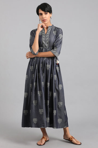 Blue Mandarin Neck Gathered kurta Dress